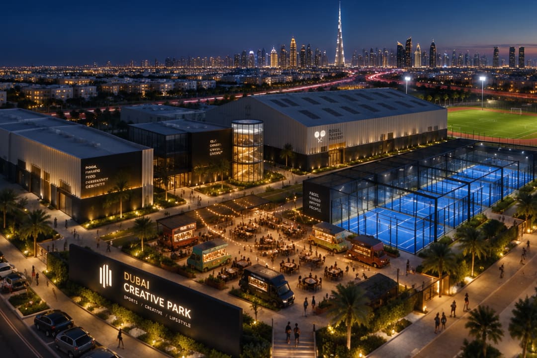 Dubai Creative Park at dusk, with its courts and the city skyline behind.