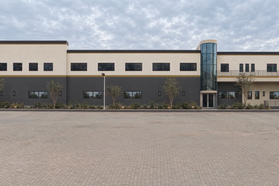 The two-storey frontage of a Dubai Creative Park building.