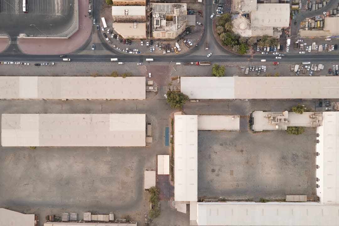 The Dubai Creative Park warehouses seen from above.