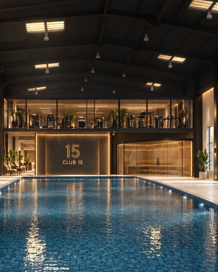 An indoor pool with loungers and palms.