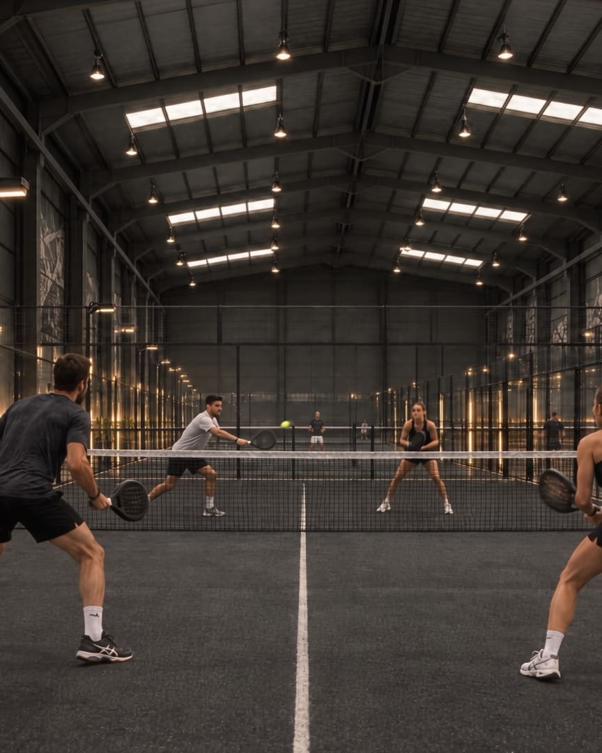 Sports Courts: indoor padel courts under a high steel roof.