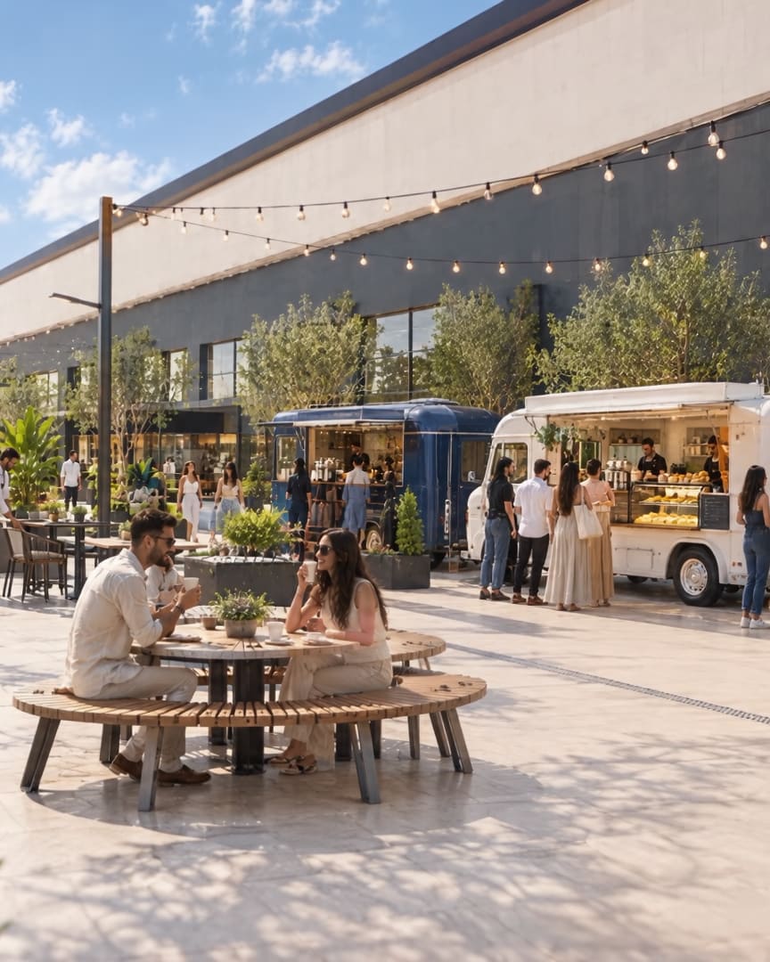 Food Market: food trucks and shaded seating outdoors.