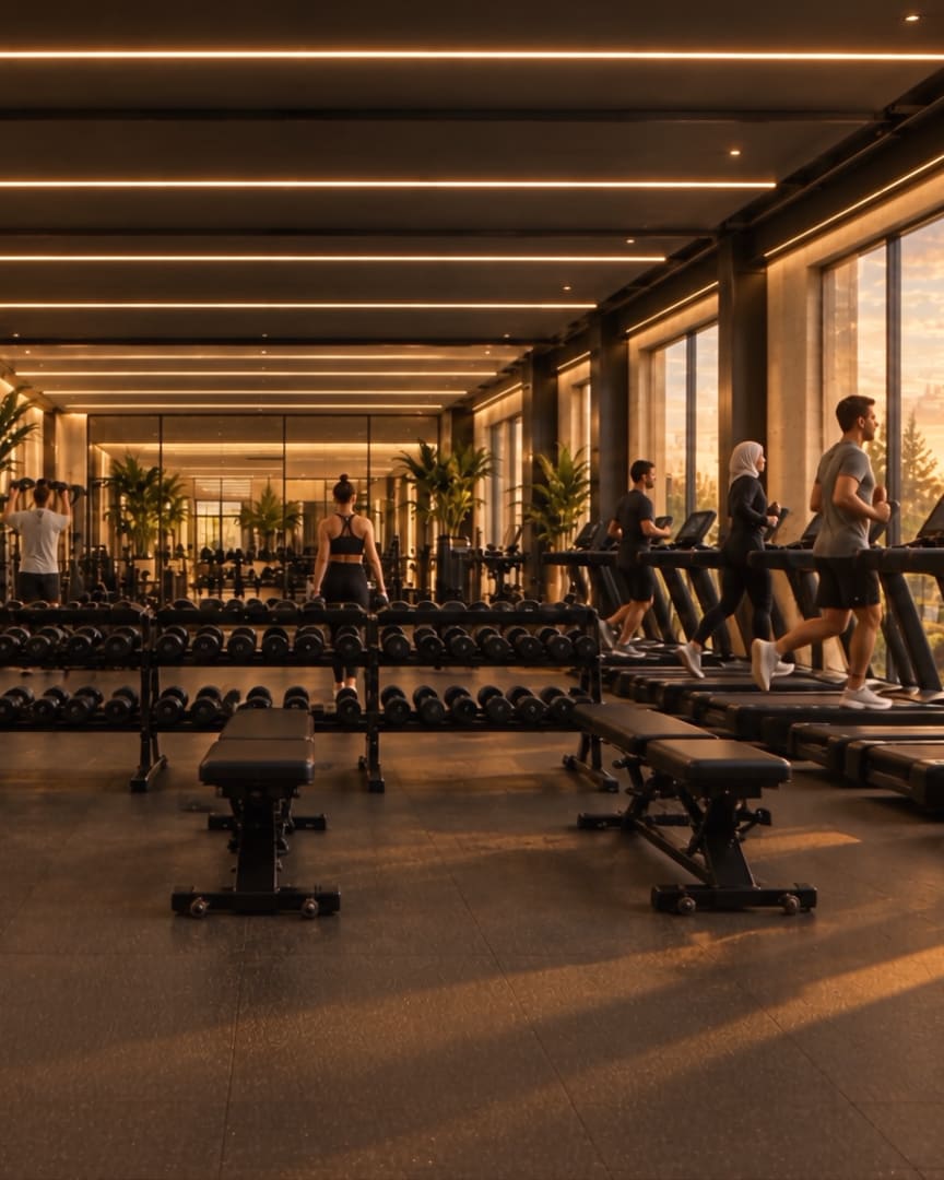 Wellness Center: a gym with a wall of windows at sunset.