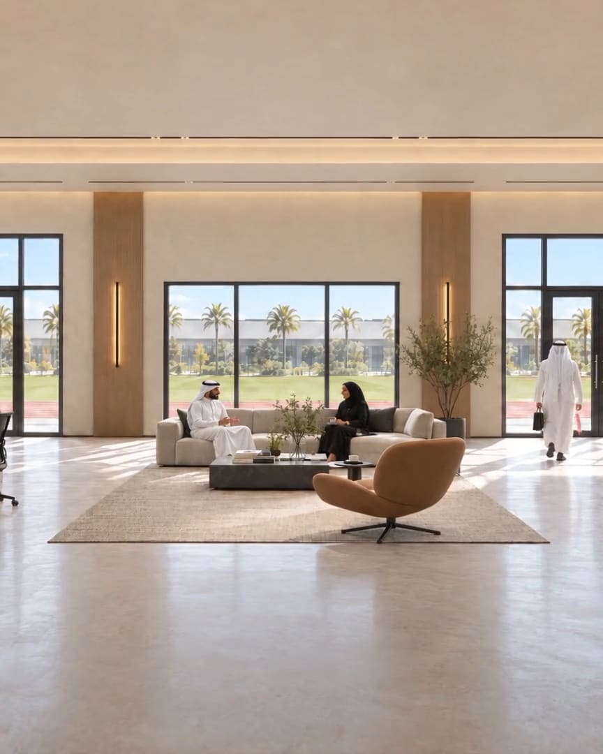 An open-plan office with a lounge and tall windows onto the park.