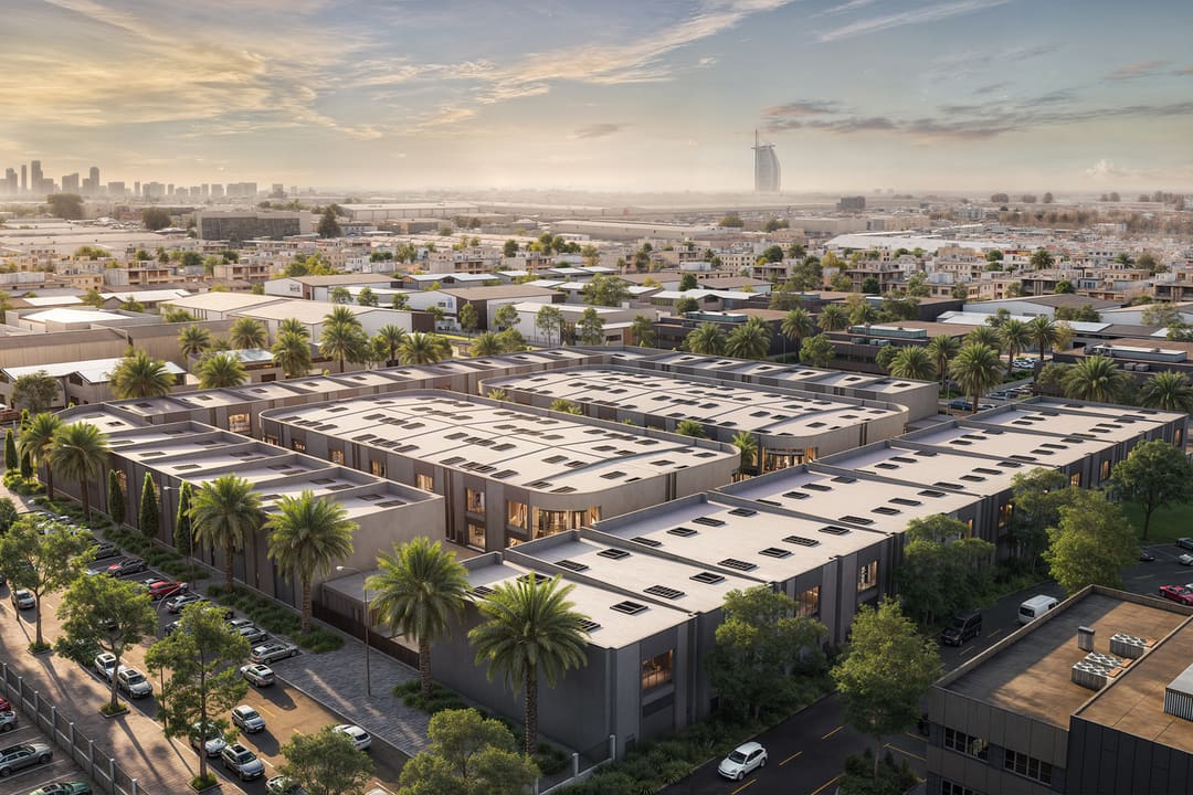 Aerial view of the Dubai Fintech District warehouses in Al Quoz.