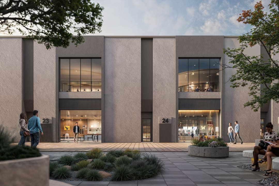 A courtyard frontage of two-storey loft units.