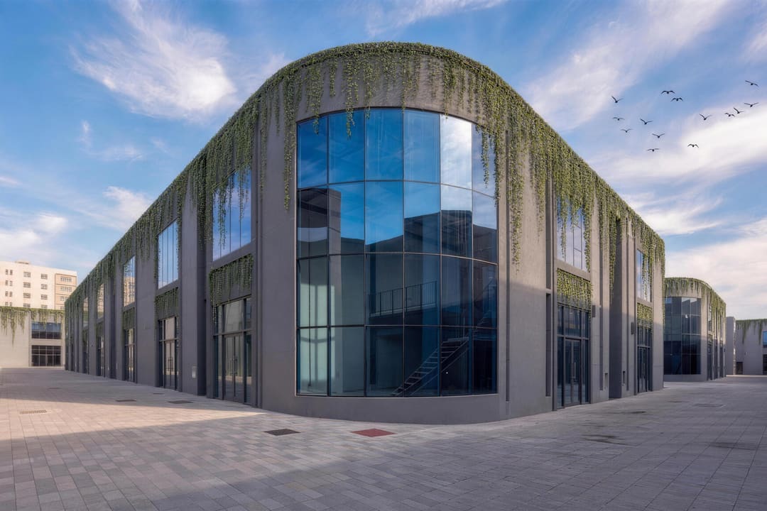 The curved glass Galleria building with an ivy-covered roof.