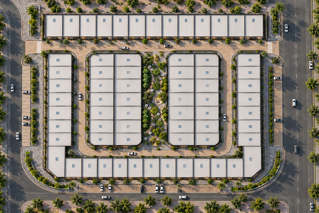 Masterplan of Dubai Fintech District: rows of loft units around landscaped courtyards.