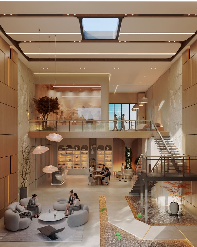 Burj View: a warm double-height loft with a mezzanine office.
