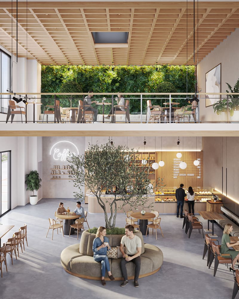 Galleria: a bright loft café and lounge under a mezzanine.