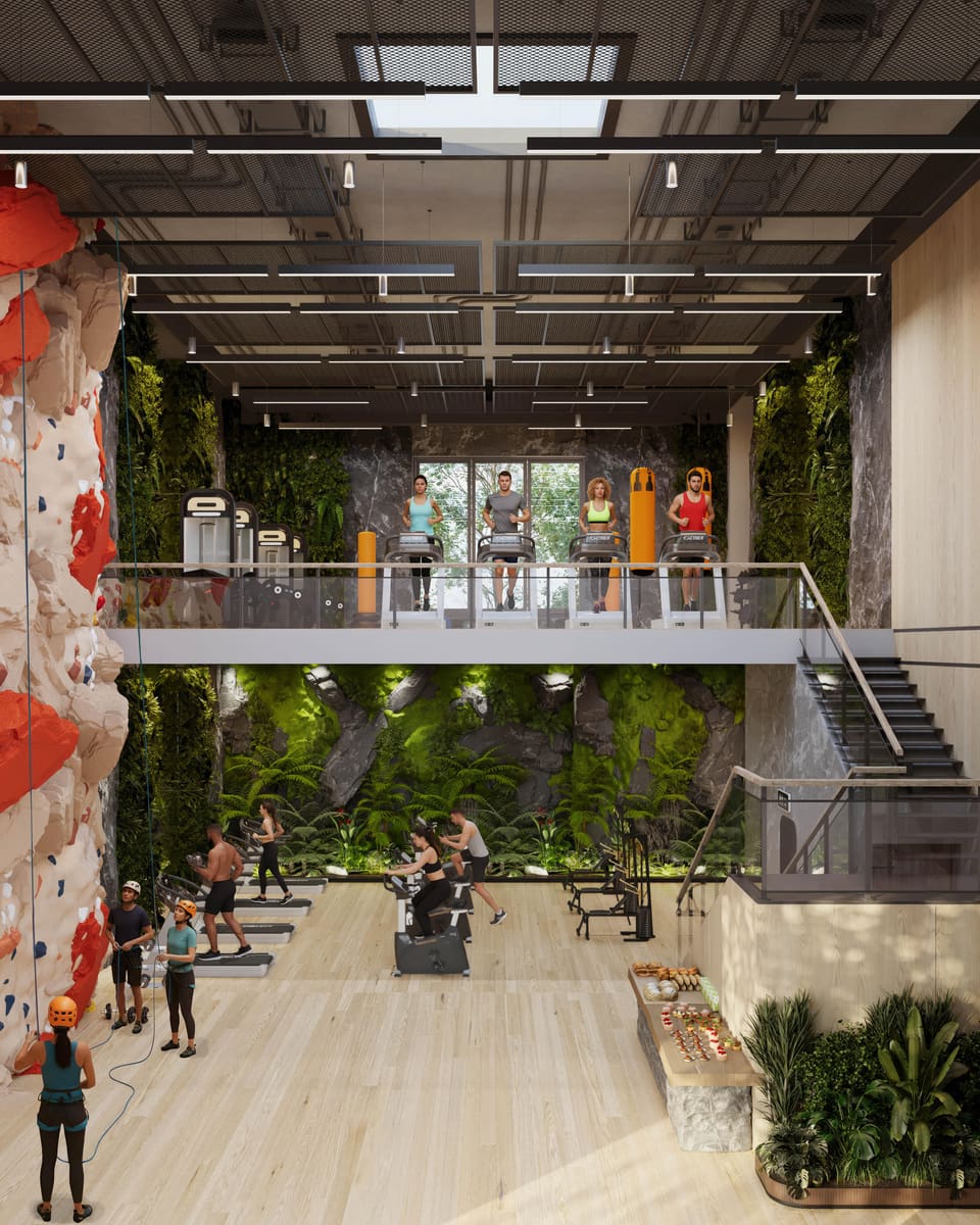 A loft gym with a climbing wall, a planted wall and a cardio mezzanine.