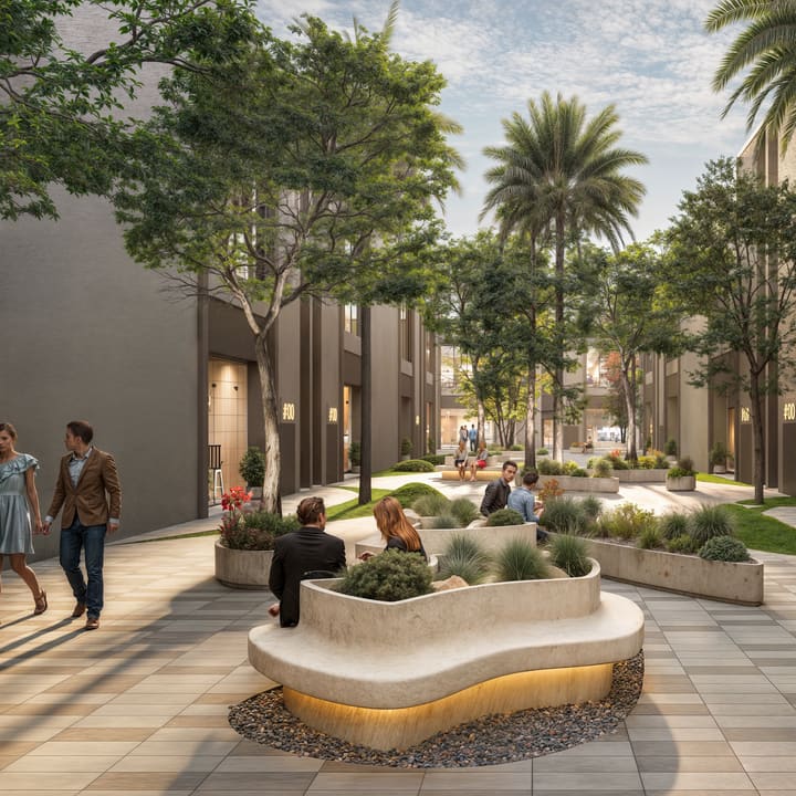 People talking in a landscaped courtyard between the lofts.