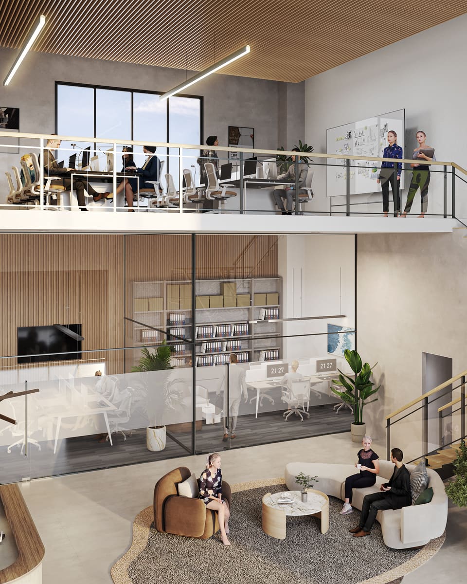 A two-storey start-up office with a mezzanine meeting floor and a lounge below.