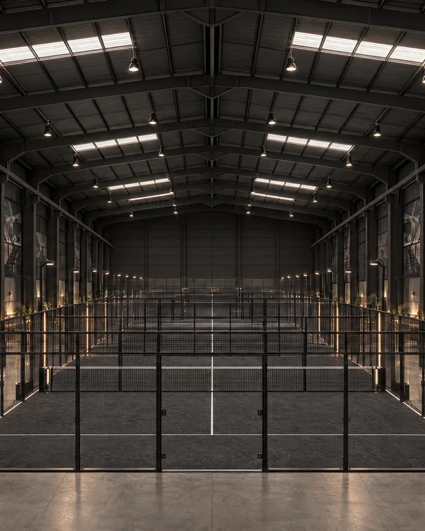 Rows of indoor padel courts under a high steel roof.