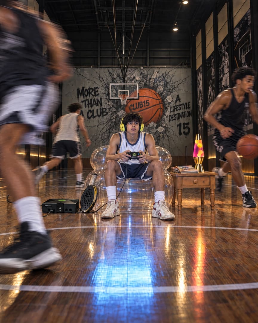 Basketball players around a gamer in an inflatable chair on an indoor court.