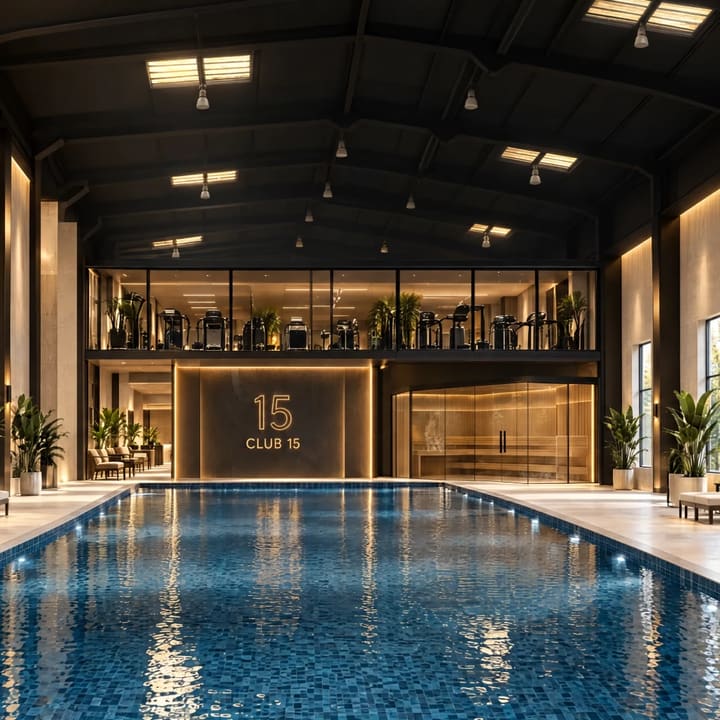 An indoor lap pool with loungers below a glass-fronted gym.