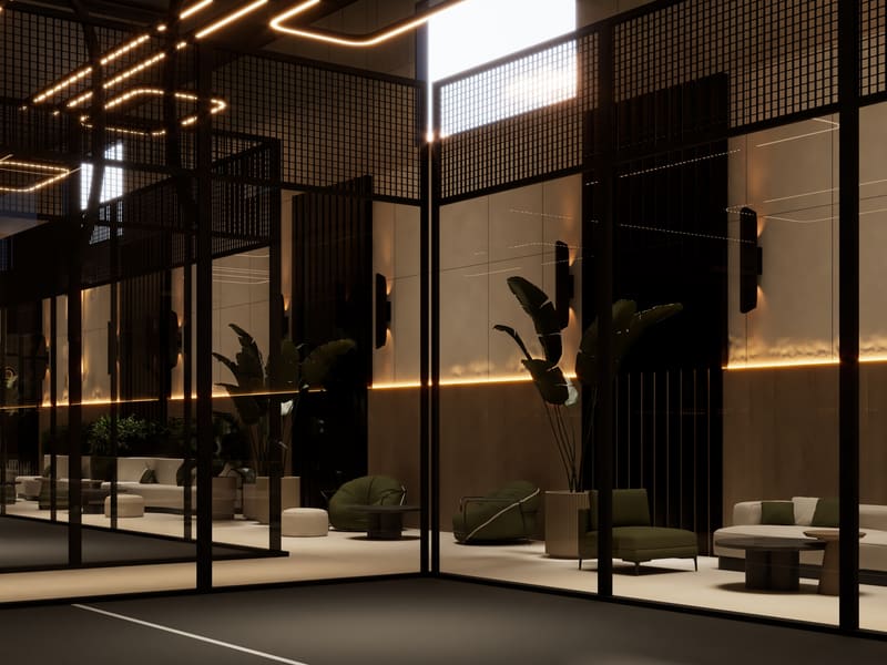 The padel courts at Club 15 behind their mesh screens.