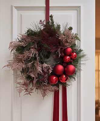 Green holiday wreath with red foliage and red ornament balls hanging on white door with red ribbon.