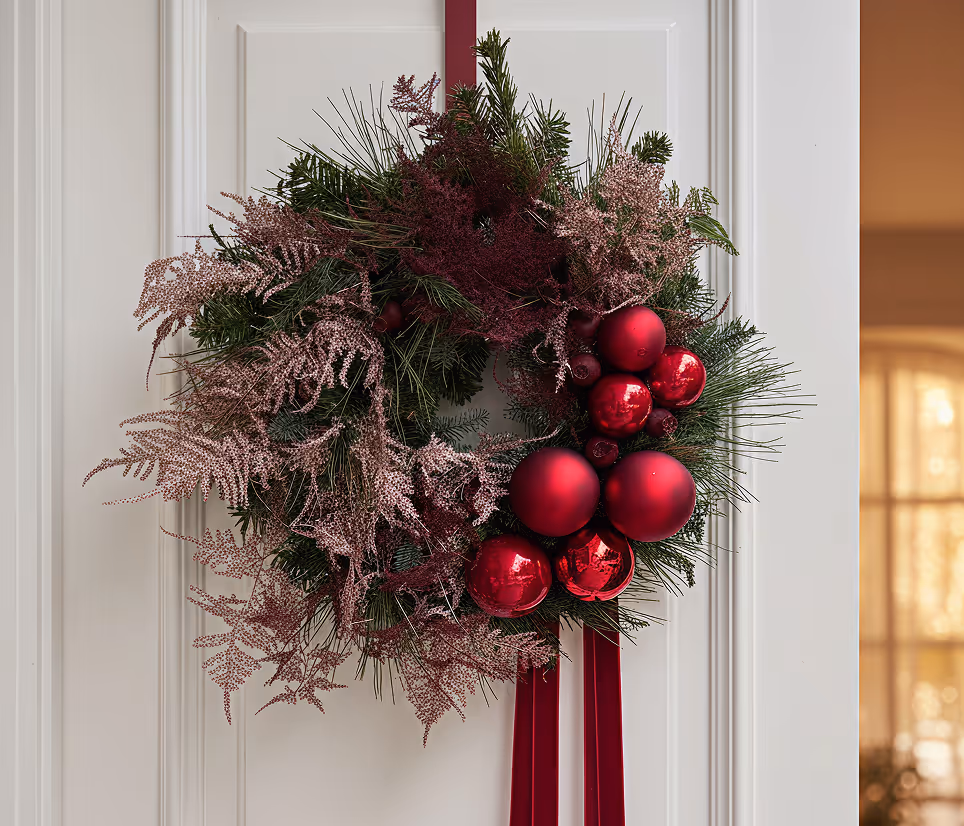 Christmas wreath with pine branches, pink foliage, and red ornaments hanging on a white door with a red ribbon.