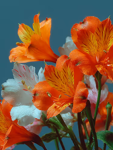 Close-up of vibrant orange and white alstroemeria flowers with visible water droplets against a teal background.