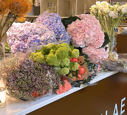 Bouquets of hydrangeas, green viburnum, white and orange flowers arranged on a counter.