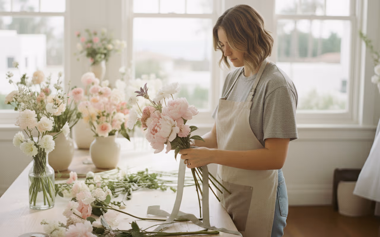 Woman in apron arranging a bouquet of pink and white flowers at a wooden table in a bright room.