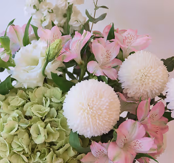 Bouquet of white pom-pom flowers, pale pink lilies, green hydrangeas, and white blooms against a soft background.