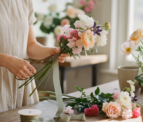 Person arranging a bouquet of fresh flowers and tying a green ribbon around the stems on a wooden table.