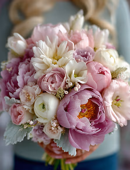 Close-up of a bouquet featuring pink, white, and purple flowers held by a person wearing a gray sweater.