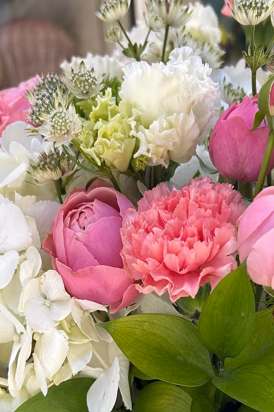 Close-up of bouquet with pink carnation, peony, white hydrangea, and green leaves.