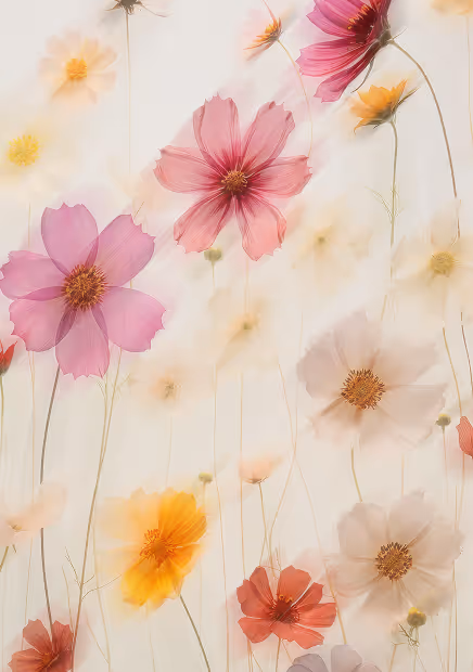 Delicate pink, orange, yellow, and white translucent flowers with thin stems on a light background.