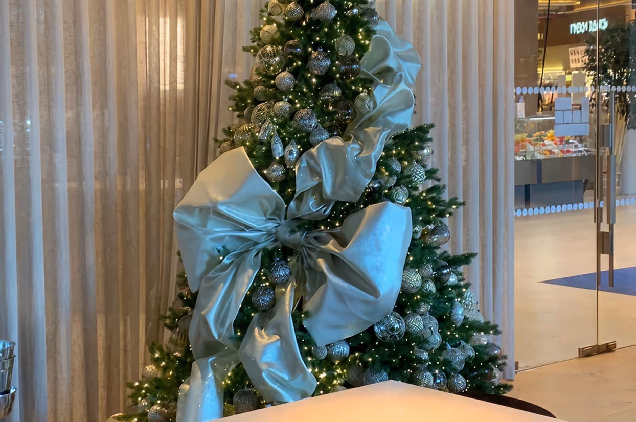 Decorated Christmas tree with large silver ribbon and silver ornaments indoors near glass doors.