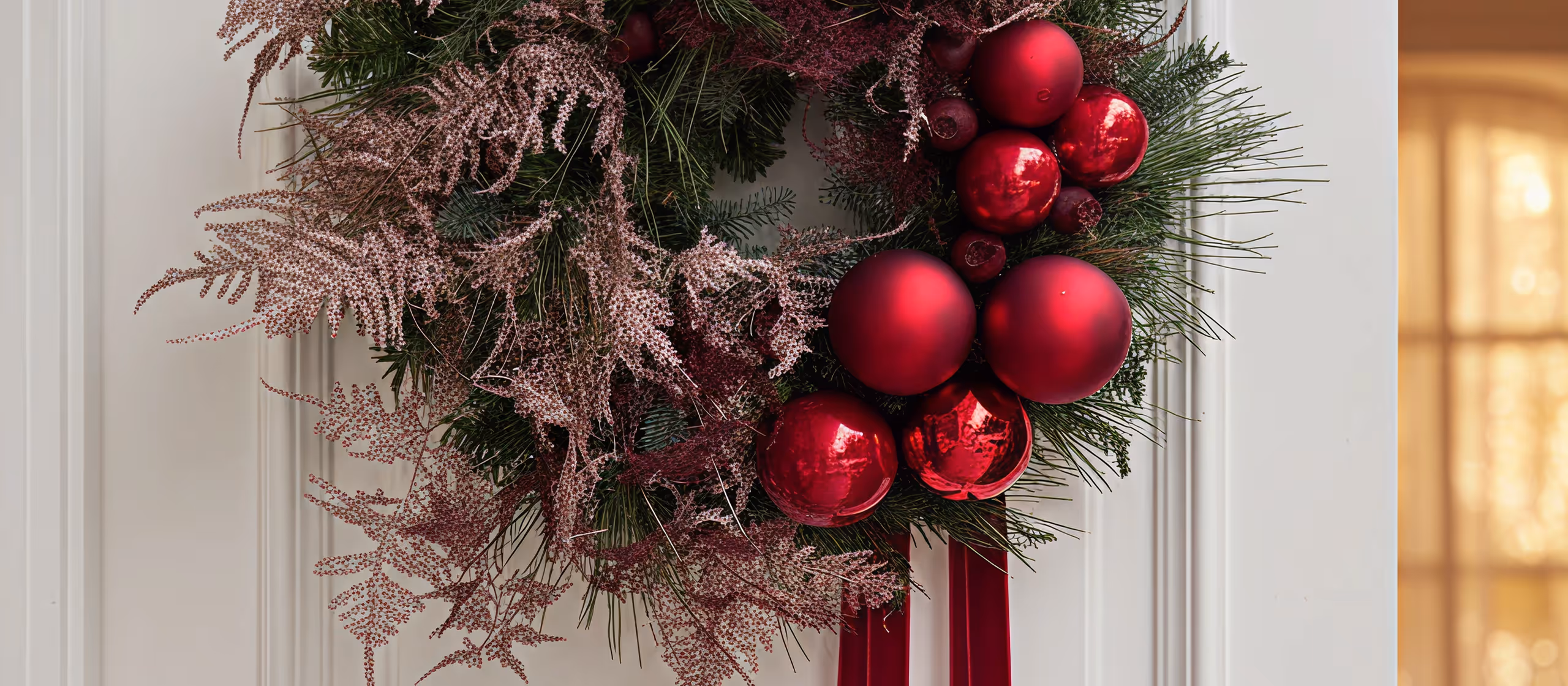 Christmas wreath with red baubles and sprigs hanging on a white door with a window nearby.