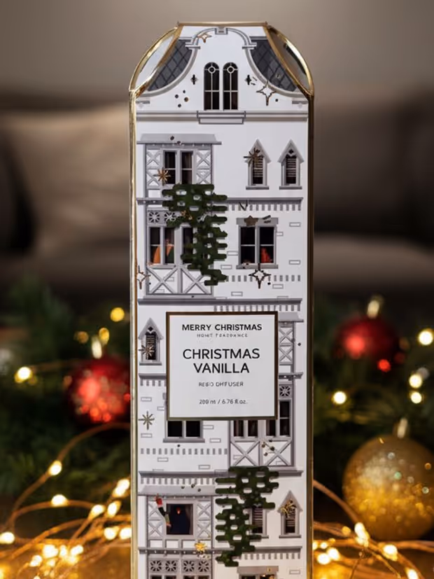 Tall rectangular Christmas vanilla reed diffuser box with house illustration and festive decorations in the background.