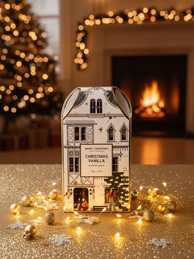 Box of Christmas Vanilla scented candle designed like a building.