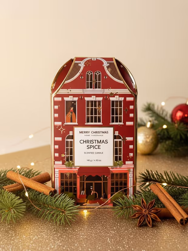 Red decorative Christmas Spice scented candle box designed as a festive building.