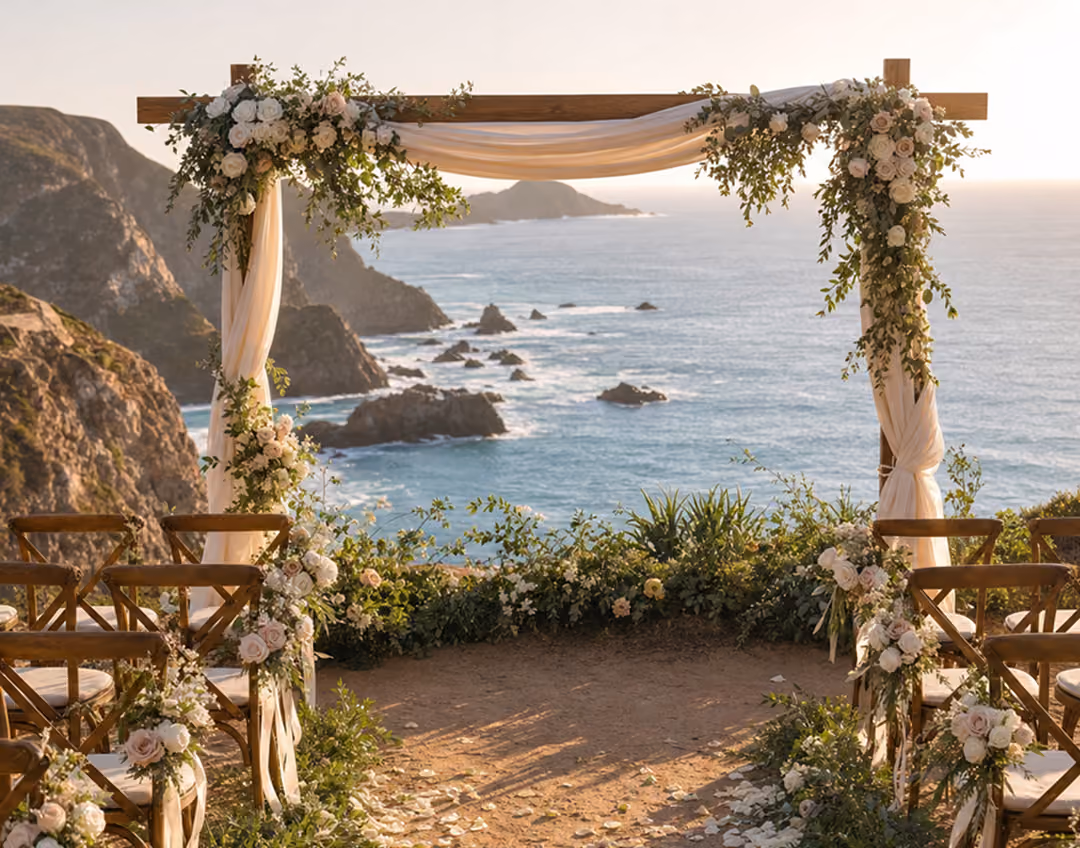 Outdoor wedding arch with white flowers and draped fabric overlooking ocean cliffs at sunset.