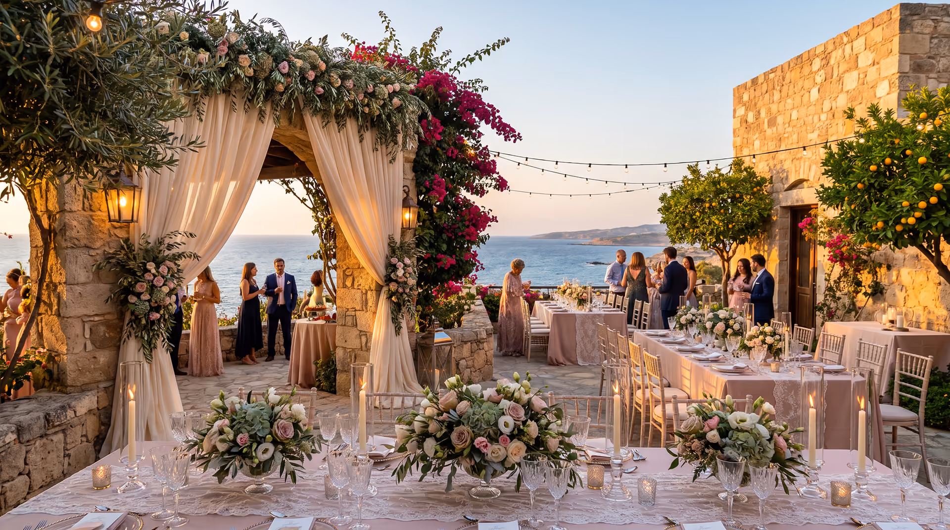 Elegant outdoor reception setup with flower arrangements, candles, and guests overlooking the sea at sunset.