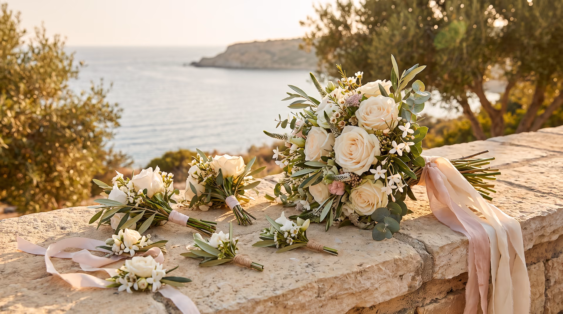 A bridal bouquet and smaller white floral arrangements with greenery resting on a stone ledge by the sea.