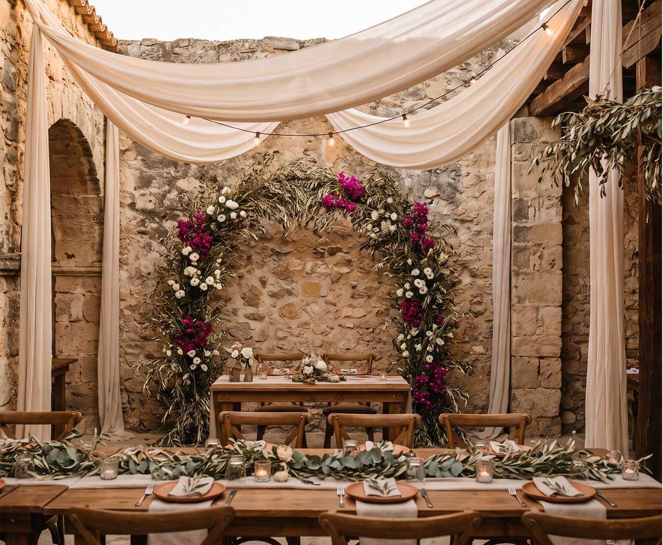 Rustic wedding setup with wooden tables, greenery garlands, flower arch, and draped curtains with string lights.