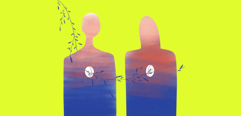 Silhouettes of a man and woman filled with a sunset sky, connected by a branch with leaves extending through circular cutouts in their chests, on a bright yellow background.