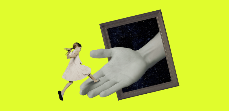 Collage of a girl stepping onto a large grayscale hand emerging from a framed starry sky against a bright green background.