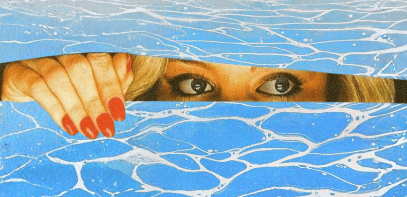 Eyes and hand with red nails peeking through a narrow gap in a blue surface textured like water.