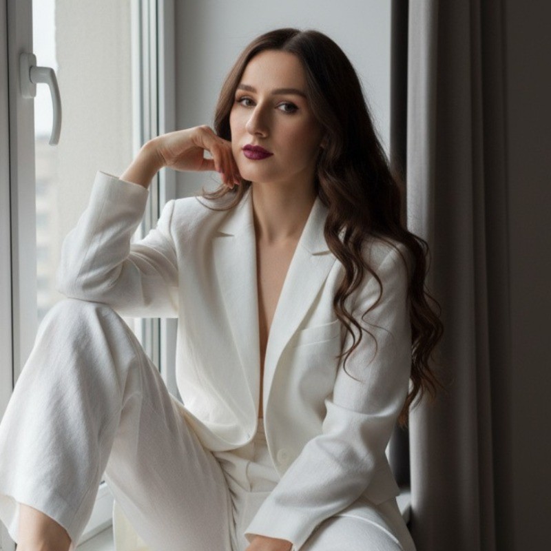 Woman with long wavy hair wearing a white suit sitting thoughtfully by a window.
