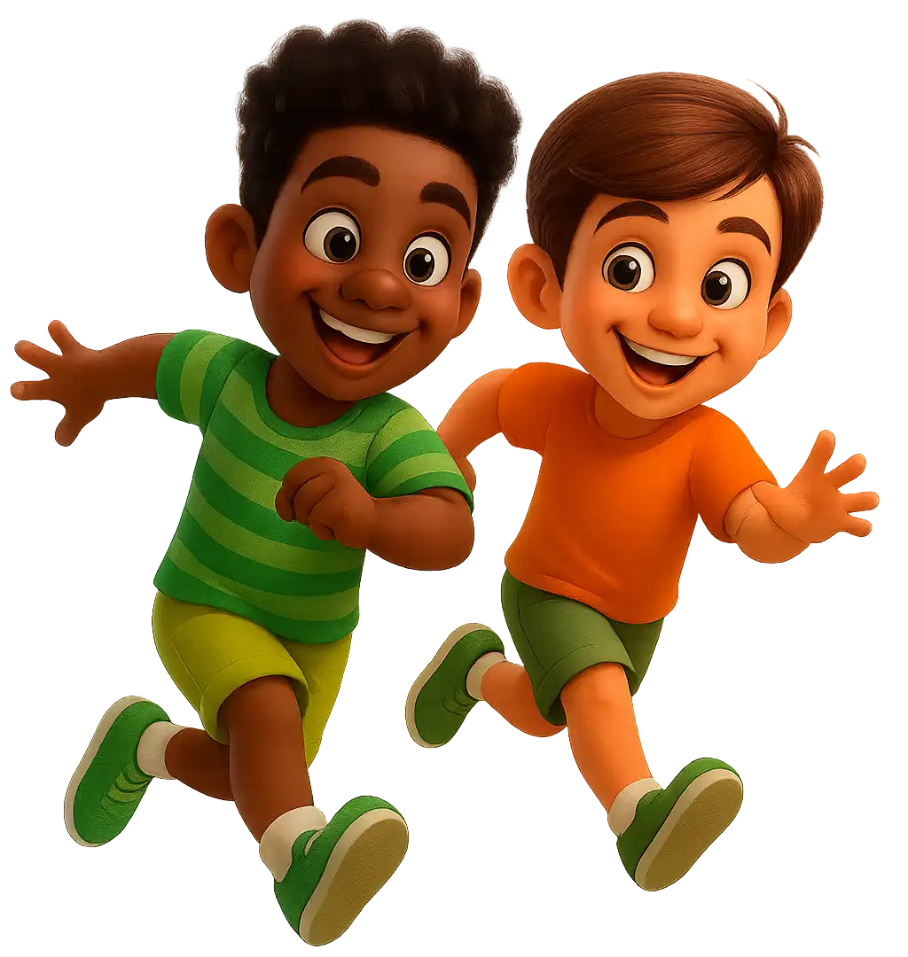 Ilustração de dois meninos sorridentes correndo lado a lado, um com camiseta verde listrada e outro com camiseta laranja.
