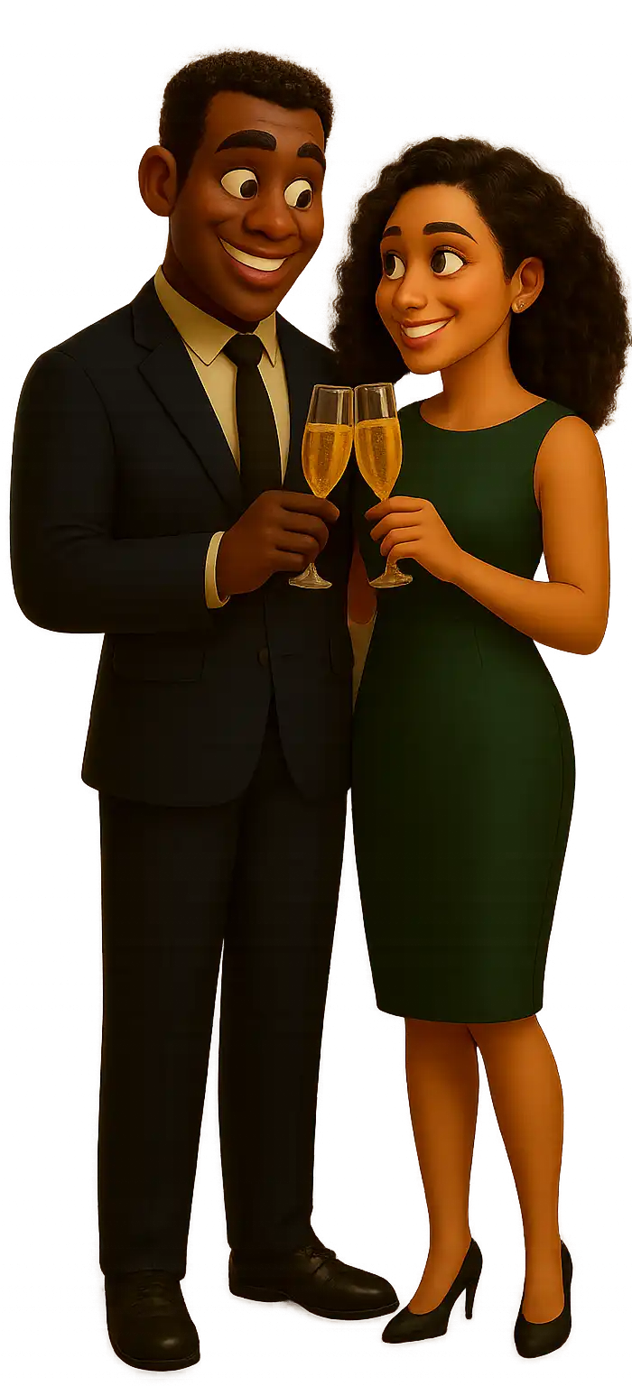 Casal animado brindando com taças de champanhe, ele vestido com terno preto e ela com vestido verde e salto alto.