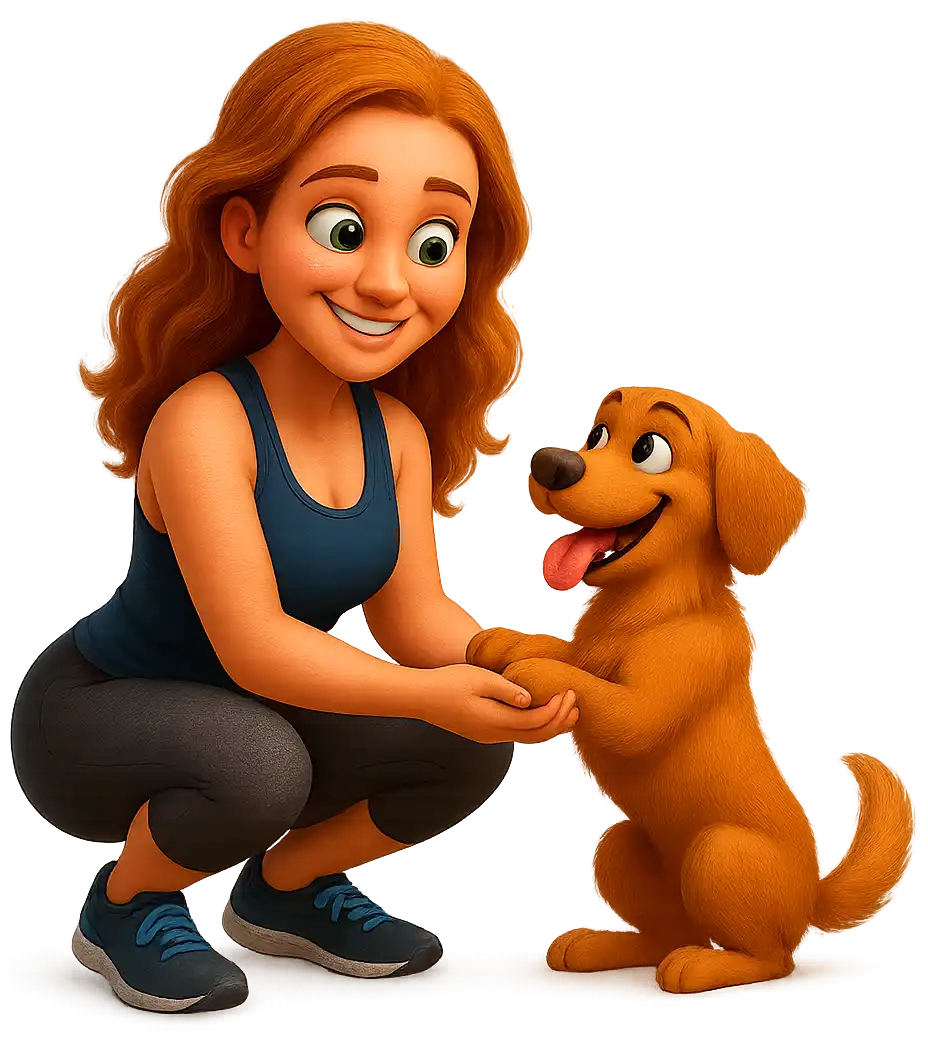 Mulher agachada sorrindo, segurando as patas dianteiras de um cachorro marrom feliz com a língua de fora.