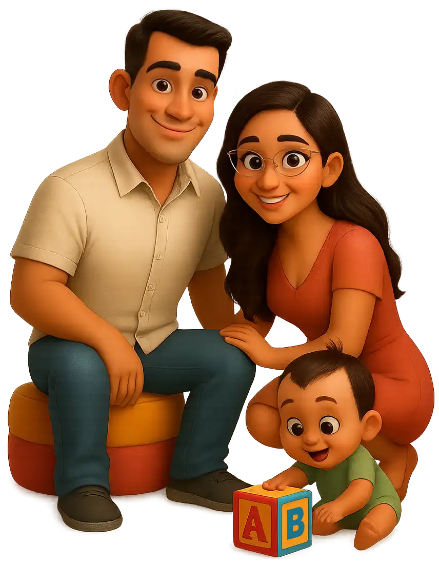 Família animada com pai, mãe sorridente e bebê brincando com bloco de letras coloridas.