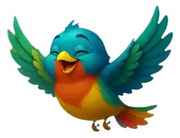 Pássaro colorido azul, verde e laranja com asas abertas e expressão alegre.