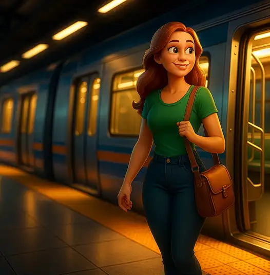 Jovem sorridente com camiseta verde e bolsa marrom caminhando em uma estação de metrô ao lado de um trem azul parado.